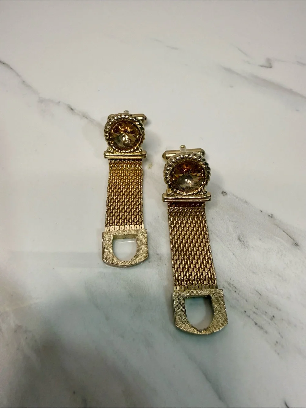 Gold Tone Mesh Cufflinks with Faceted Crystal Accent